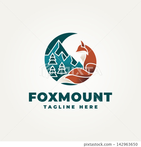minimalist fox with crescent moon and mountain view flat icon logo vector illustration design. simple modern fox or wolf logo suitable for branding a business 142963650