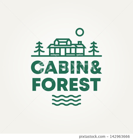 minimalist forest cabin with river line art icon logo vector illustration design. simple modern cabin, cottage, log house logo concept minimalist forest cabin with river line art icon logo vector illustration design. simple modern cabin, cottage, log house logo concept 142963666
