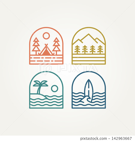 minimalist outdoor adventure line art badge icon logo vector illustration design. simple modern logo for cabin adventure, mountain travel, ocean beach, surf board emblem logo concept 142963667