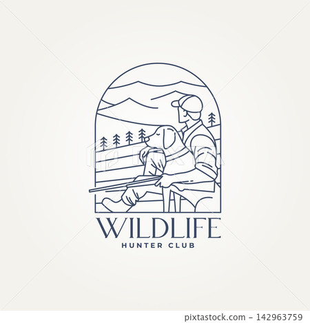 minimalist hunter with a dog line art icon badge logo vector illustration design. simple modern wildlife bird hunting club emblem logo concept minimalist hunter with a dog line art icon badge logo vector illustration design. simple modern wildlife bird hunting club emblem logo concept 142963759