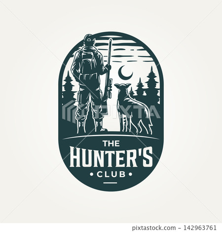 vintage bird hunter club icon badge logo vector illustration design. classic retro duck hunter and a dog emblem logo concept 142963761