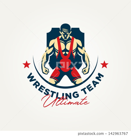 wrestling sport team with shield icon badge logo vector illustration design. simple modern martial arts MMA fighter emblem logo concept wrestling sport team with shield icon badge logo vector illustration design. simple modern martial arts MMA fighter emblem logo concept 142963767
