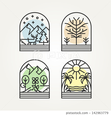 set of four season line art icon logo vector illustration design. simple modern winter, spring, summer and autumn logo concept set of four season line art icon logo vector illustration design. simple modern winter, spring, summer and autumn logo concept 142963779