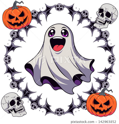 The image shows a cute cartoon-style illustration with a Halloween theme The image shows a cute cartoon-style illustration with a Halloween theme 142963852