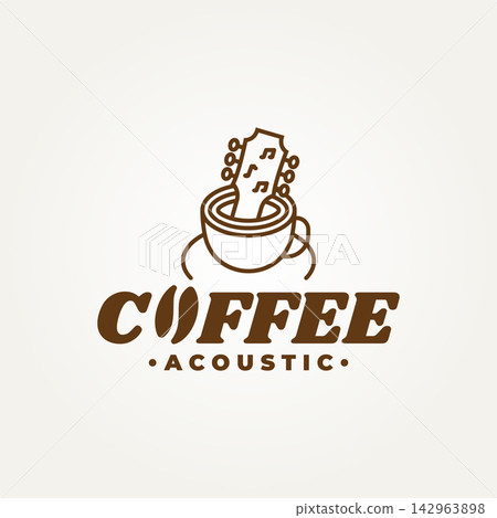 minimalist acoustic music cafe with guitar line art icon badge logo vector illustration design 142963898