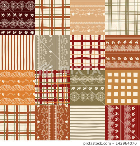 Autumn patchwork seamless pattern with checkered ornament and lace texture. Vector cozy fall cottagecore plaid Autumn patchwork seamless pattern with checkered ornament and lace texture. Vector cozy fall cottagecore plaid 142964070