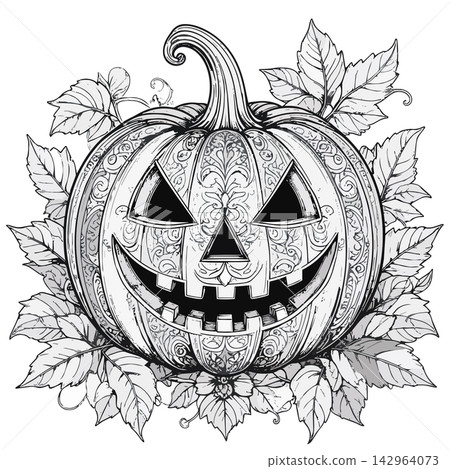 Halloween pumpkin with decorative carving and leaves 142964073