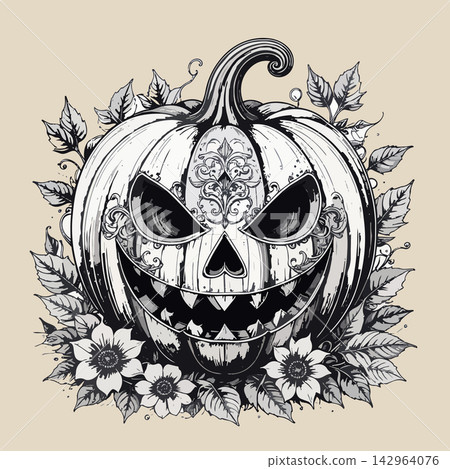 Carved halloween pumpkin with ornate scary face Carved halloween pumpkin with ornate scary face 142964076