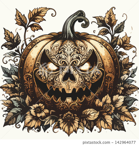 Ornate carved pumpkin creating spooky halloween decoration Ornate carved pumpkin creating spooky halloween decoration 142964077