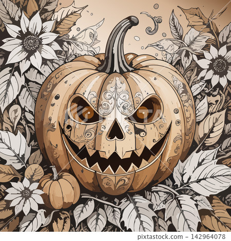 Scary carved pumpkin surrounded by autumn leaves Scary carved pumpkin surrounded by autumn leaves 142964078