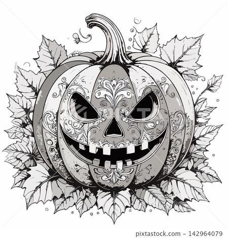 Scary carved halloween pumpkin with decorative patterns Scary carved halloween pumpkin with decorative patterns 142964079