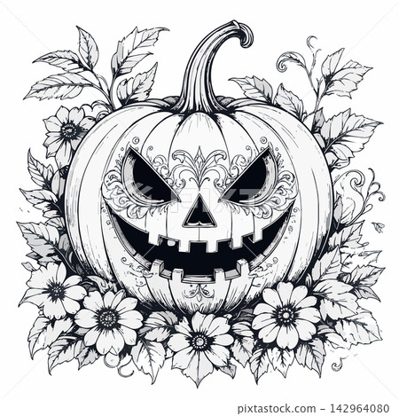 Scary carved pumpkin with flowers and leaves black and white outline Scary carved pumpkin with flowers and leaves black and white outline 142964080