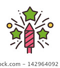 Colorful firework rocket icon with bursting stars and celebratory sparkles in flat outline style suitable for festive design, with firework, rocket, star, celebration detail 142964092