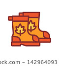 Pair of orange rubber boots with maple leaf emblem simple flat outline illustration 142964093