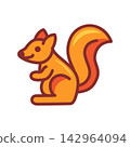Playful squirrel sitting with curled bushy tail in warm orange tones with clean outline 142964094