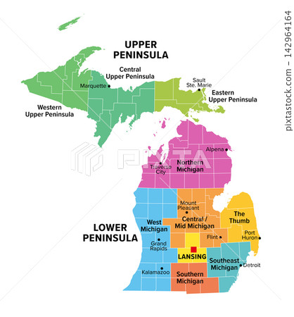 Regions of Michigan, multi colored political map. Upper and Lower Peninsula of U.S. state of Michigan, divided into regions, depicted with colored counties, and with major cities. Isolated. Vector Regions of Michigan, multi colored political map. Upper and Lower Peninsula of U.S. state of Michigan, divided into regions, depicted with colored counties, and with major cities. Isolated. Vector 142964164