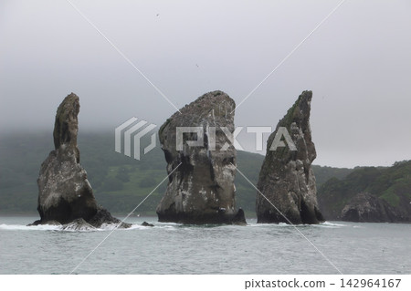 Three towering sea stacks rise from misty waters Three towering sea stacks rise from misty waters 142964167
