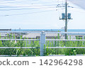 A view of houses and the blue sea through a fence: a coastal residential area and natural scenery. 142964298