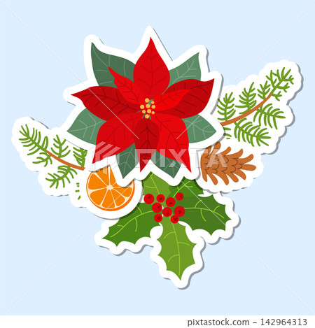 Christmas sticker arrangement with a blooming red poinsettia, green holly leaves with red berries, a pine cone, fir branches, and an orange slice. Flat vector winter floral illustration. 142964313