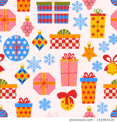 Christmas seamless pattern featuring colorful gift boxes, decorative baubles, holiday bells, and blue snowflakes. Flat vector winter celebration background tile for festive wrapping and fabric. Christmas seamless pattern featuring colorful gift boxes, decorative baubles, holiday bells, and blue snowflakes. Flat vector winter celebration background tile for festive wrapping and fabric. 142964326