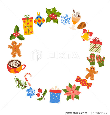 Christmas wreath frame featuring gingerbread men, gift boxes, cocoa mugs, holly leaves, mittens, and sweets. Flat vector winter holiday round cozy hygge illustration isolated on white background. Christmas wreath frame featuring gingerbread men, gift boxes, cocoa mugs, holly leaves, mittens, and sweets. Flat vector winter holiday round cozy hygge illustration isolated on white background. 142964327