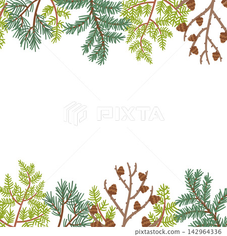 Christmas frame background with green pine, fir, thuja branches, and brown cones on top and bottom borders. Flat vector winter forest botanical illustration isolated on a white background. Christmas frame background with green pine, fir, thuja branches, and brown cones on top and bottom borders. Flat vector winter forest botanical illustration isolated on a white background. 142964336