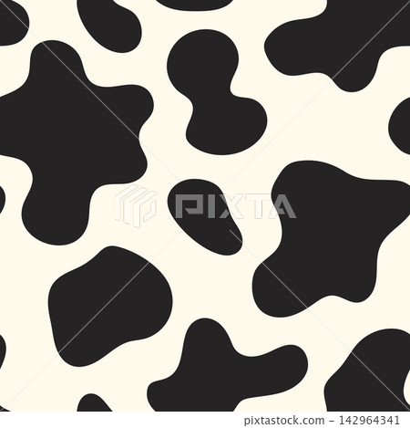 Seamless cowhide print pattern featuring curvy organic black patches on a cream background. Flat vector animal skin texture repeat tile for trendy textile fashion, fabric wrapping, and wallpaper. Seamless cowhide print pattern featuring curvy organic black patches on a cream background. Flat vector animal skin texture repeat tile for trendy textile fashion, fabric wrapping, and wallpaper. 142964341