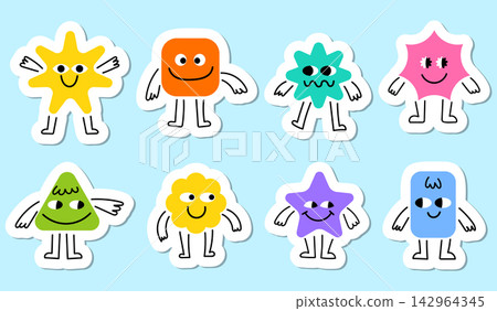 Cute geometric shape monster sticker set with colorful cartoon characters with funny faces and stick limbs. Flat vector illustration collection isolated on a light blue background. Cute geometric shape monster sticker set with colorful cartoon characters with funny faces and stick limbs. Flat vector illustration collection isolated on a light blue background. 142964345