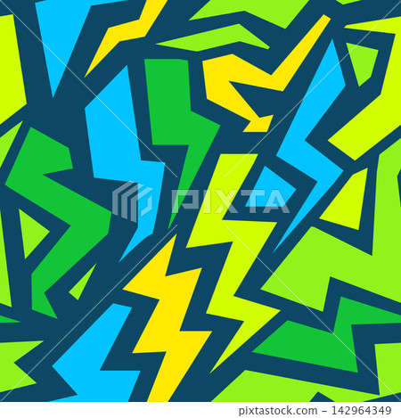 Abstract geometric seamless pattern with bright lightning bolt shapes in lime green, blue, yellow, and navy. Active, energetic camouflage vector background inspired by street art and sportswear. Abstract geometric seamless pattern with bright lightning bolt shapes in lime green, blue, yellow, and navy. Active, energetic camouflage vector background inspired by street art and sportswear. 142964349