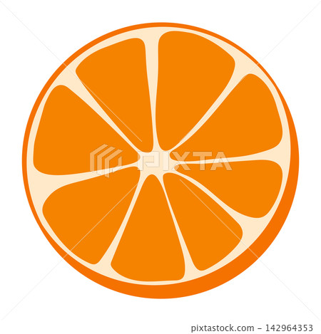 Vector illustration of a round orange slice showing cross section segments, isolated on a white background. Vibrant flat cartoon citrus fruit graphic element for fresh food and beverage designs. Vector illustration of a round orange slice showing cross section segments, isolated on a white background. Vibrant flat cartoon citrus fruit graphic element for fresh food and beverage designs. 142964353