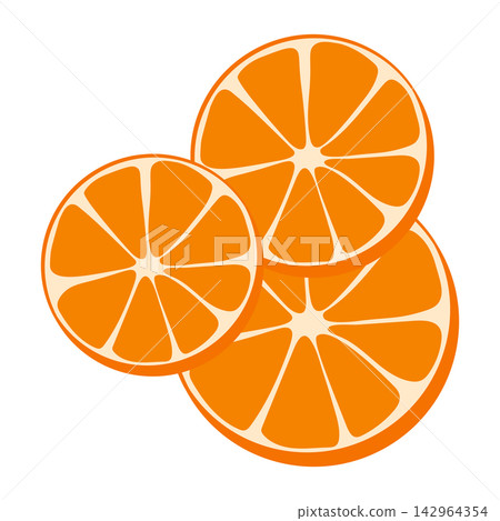 Vector illustration of three overlapping round orange slices, isolated on a white background. Vibrant flat cartoon citrus fruit graphic element for fresh food and beverage designs. Vector illustration of three overlapping round orange slices, isolated on a white background. Vibrant flat cartoon citrus fruit graphic element for fresh food and beverage designs. 142964354