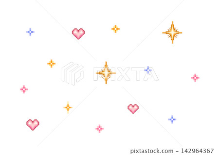 Pixel art sparkle stars and heart icons retro background Pixel art sparkle stars and heart icons retro background 142964367