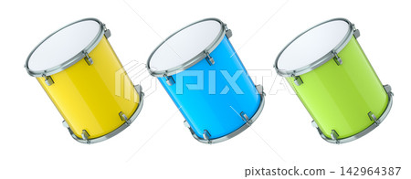 Set of drums on white background. 3d render concept of musical instrument Set of drums on white background. 3d render concept of musical instrument 142964387
