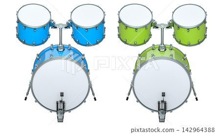 Set of drums with pedal on white background. 3d render of musical instrument Set of drums with pedal on white background. 3d render of musical instrument 142964388