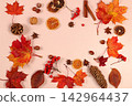 Vibrant, beautiful banner and Hello Autumn greeting card. Abstract autumn composition featuring maple leaves, pine cones, nuts, cinnamon, star anise, dried orange slices, and rowan berries 142964437