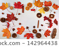 Abstract autumn composition featuring maple leaves, pine cones, nuts, cinnamon, star anise, dried orange slices and rowan berries.Vibrant, beautiful banner and Hello Autumn greeting card 142964438
