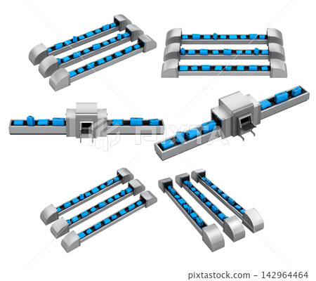 Set of Airport luggage conveyor belt or baggage claim area with suitcases on white. Set of Airport luggage conveyor belt or baggage claim area with suitcases on white. 142964464