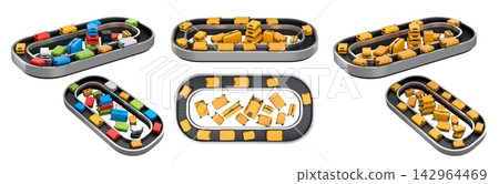 Set of Airport luggage conveyor belt or baggage claim area with suitcases on white. Set of Airport luggage conveyor belt or baggage claim area with suitcases on white. 142964469