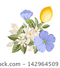 Lemon botanical composition with citrus fruits,blue linen flowers and green leaves. Hand drawn vector illustration isolated on white background. 142964509