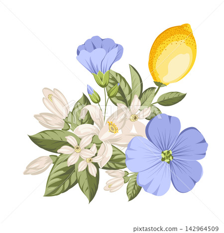 Lemon botanical composition with citrus fruits,blue linen flowers and green leaves. Hand drawn vector illustration isolated on white background. Lemon botanical composition with citrus fruits,blue linen flowers and green leaves. Hand drawn vector illustration isolated on white background. 142964509