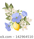 Lemons with flax flowers, citrus blossoms and green foliage. Botanical vector composition. 142964510