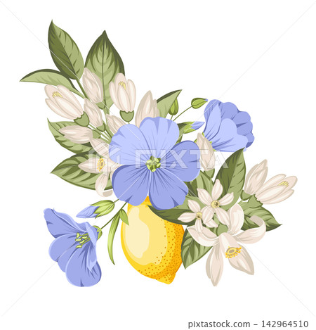 Lemons with flax flowers, citrus blossoms and green foliage. Botanical vector composition. 142964510