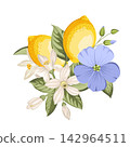 Lemons with flax flowers, citrus blossoms and green foliage. Botanical vector composition. 142964511