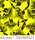seamless pattern of black graphic fish skeletons on a yellow background, texture, design 142964523