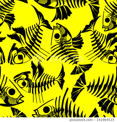 seamless pattern of black graphic fish skeletons on a yellow background, texture, design seamless pattern of black graphic fish skeletons on a yellow background, texture, design 142964523