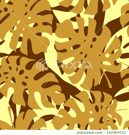 seamless brown-beige pattern from the contours of tropical leaves, texture, design 142964532