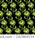 seamless contour pattern of large green flowers on a black background, texture, design 142964534