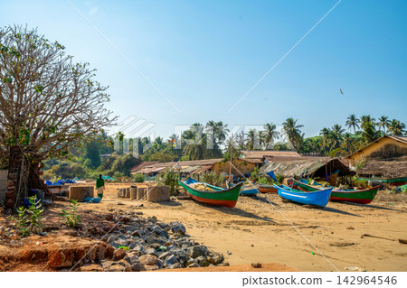 Awe scene in boats and  houses (fishing village) in Goa or Karnataka or Maharashtra or Kerala 142964546
