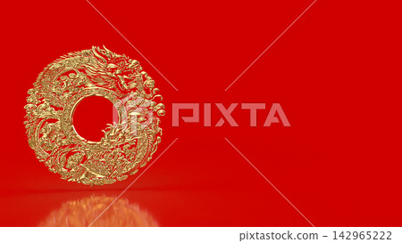 Ornate Golden Chinese Dragon Medallion on Red Background 3d render. Ornate Golden Chinese Dragon Medallion on Red Background 3d render. 142965222