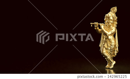 Golden Lord Krishna Playing Flute on Dark Background with Copy Space 3d render. Golden Lord Krishna Playing Flute on Dark Background with Copy Space 3d render. 142965225